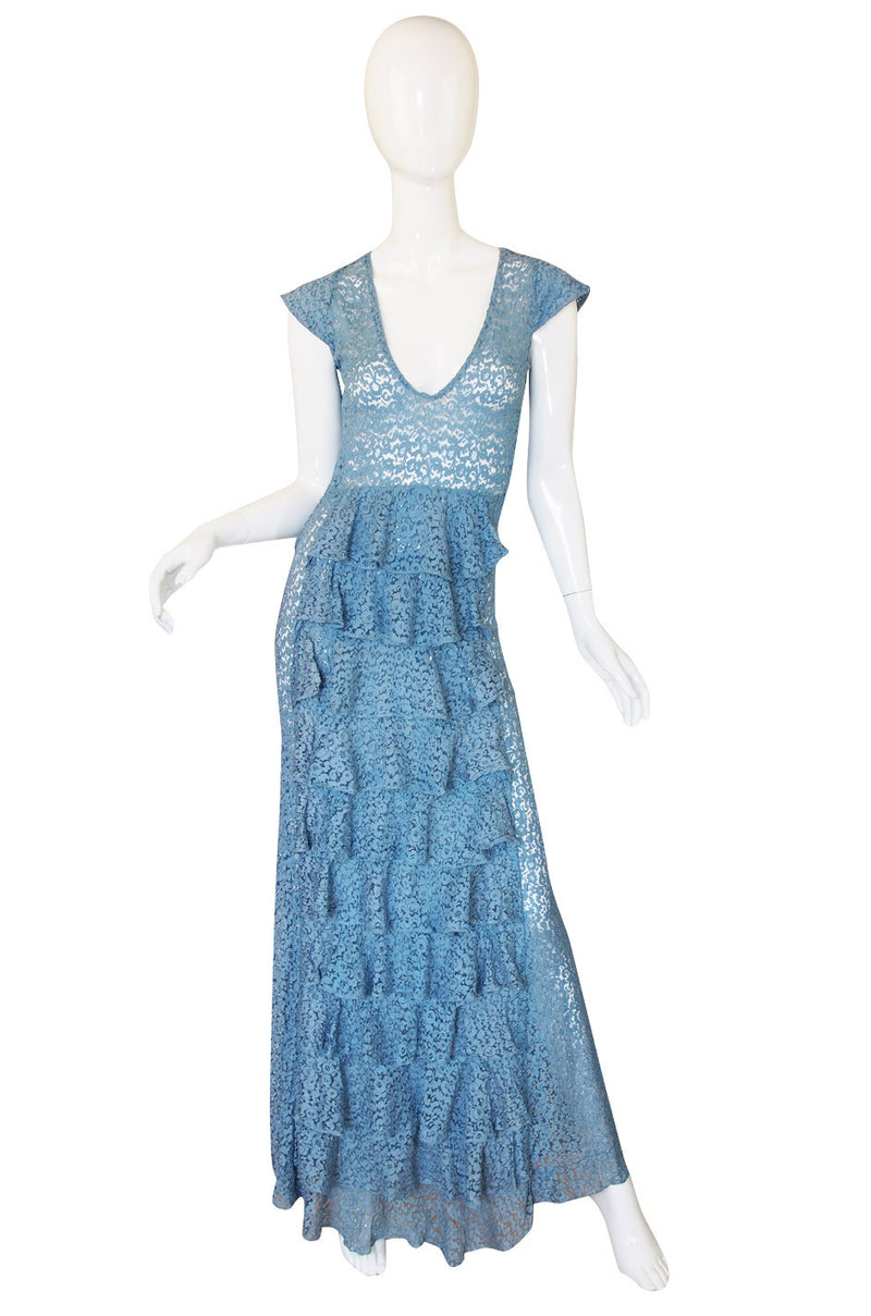 1930s Pale Blue Lace Ruffle Gown