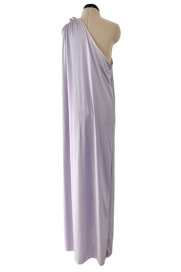 1981 Bill Tice Lilac One Shoulder Jersey Dress w Gold Lame Flower Detailing