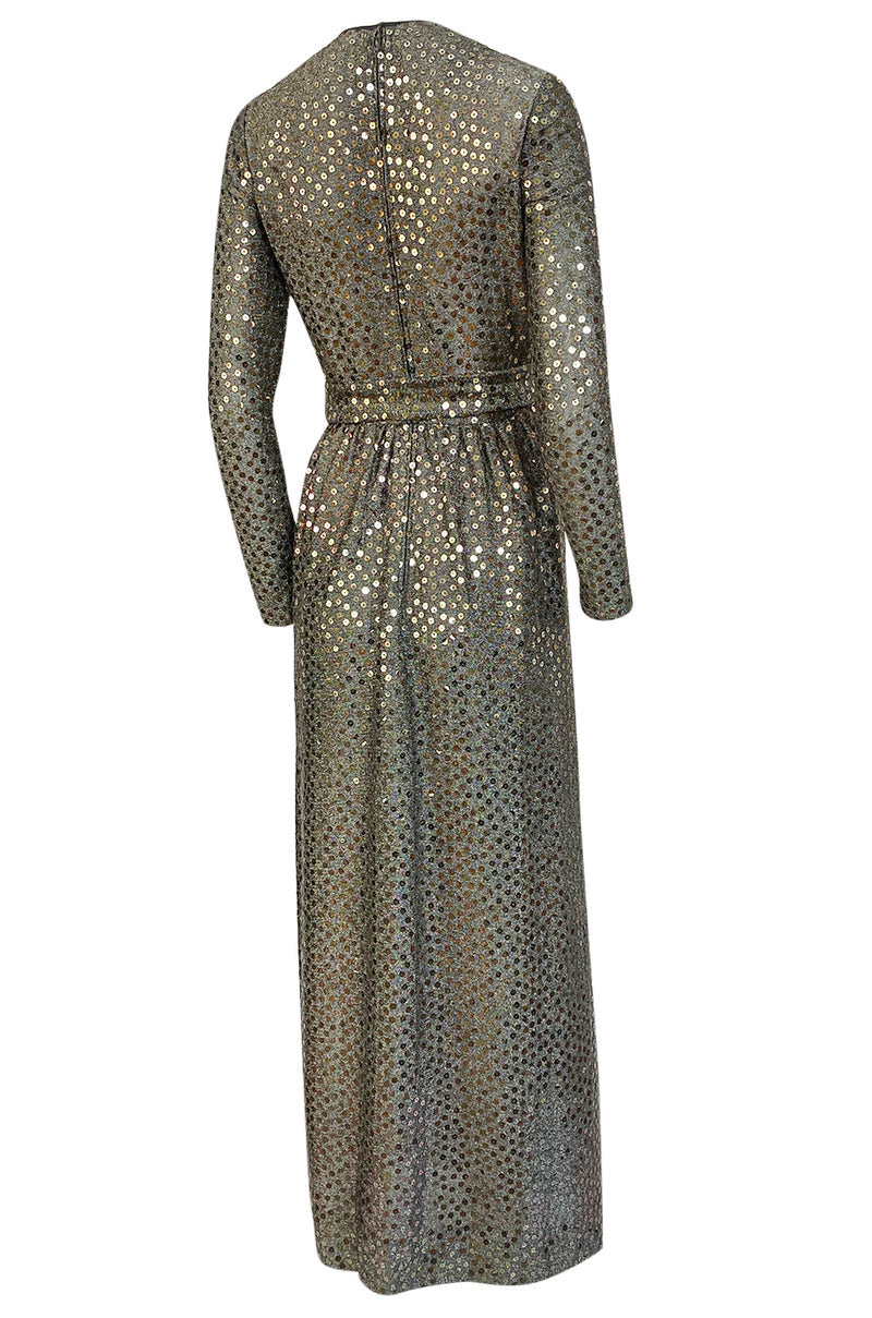 1970s Mollie Parnis Silver Sequin & Knit Lame Jersey Dress w Belt