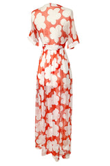 c. 1978 Yves Saint Laurent Large Floral Print Coral Plunge Silk Chiffon Dress