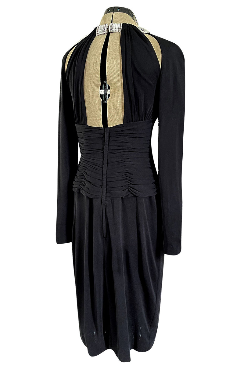 Fabulous 1980s Vicky Tiel Cut Outs Black Jersey Dress w Jewelled Pearl & Rhinestone Collar