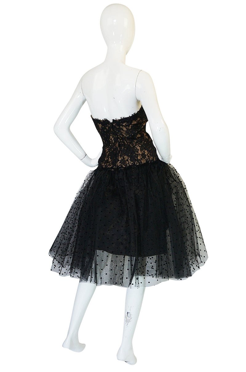 1980s Victor Costa Fitted Lace Dress w Dotted Tulle Overskirt