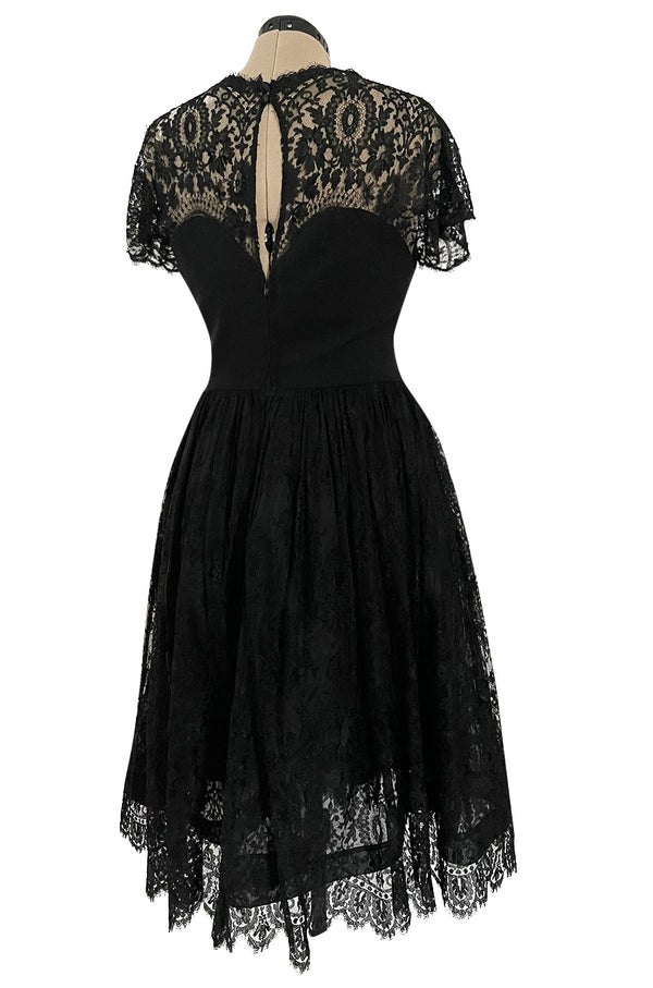 Gorgeous Late 1970s Pauline Trigere Black Wool Crepe Dress w Lace Skirt & Shoulders