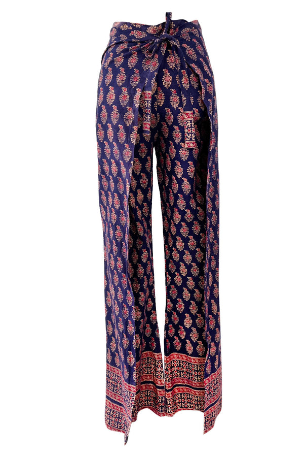 Fantastic 1970s Bill Blass Wrap & Tie Indian Cotton Pants w Red & Gold Print