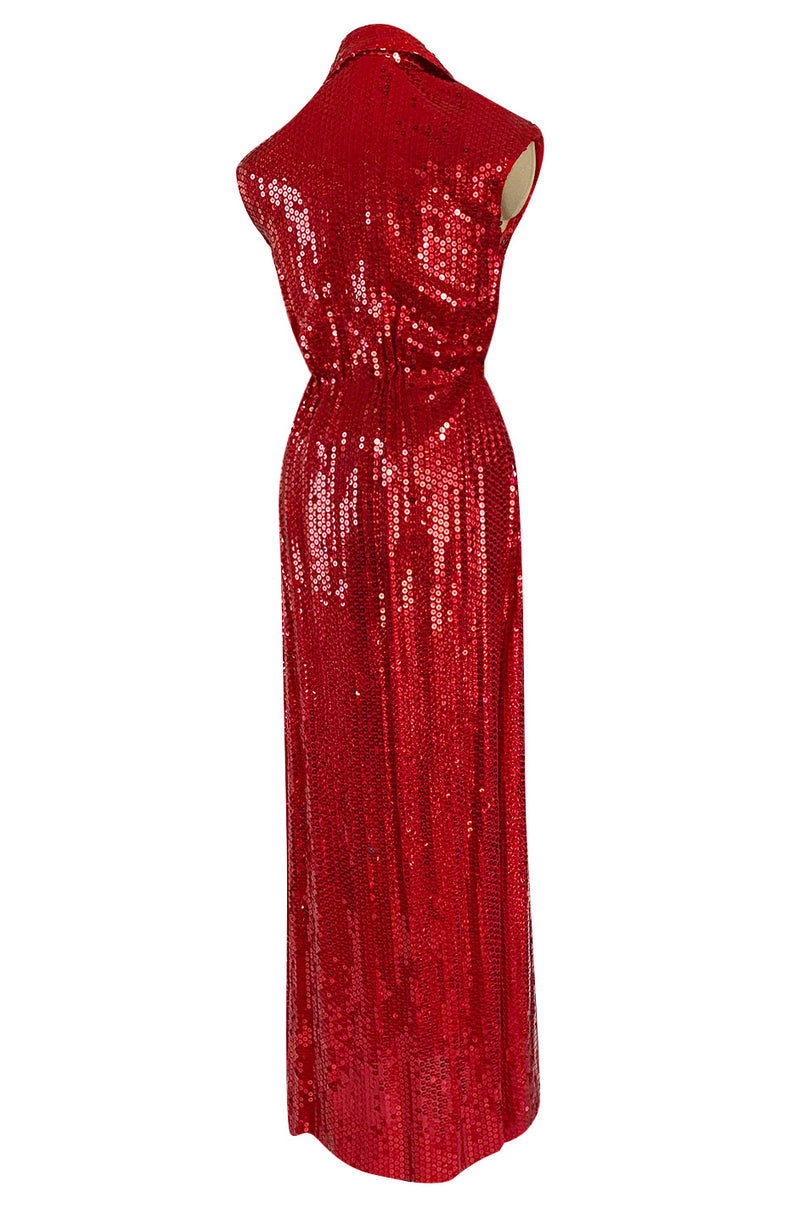 Iconic 1970s Halston Couture Glossy Red Sequin Full Length Wrap Dress w Plunge Front