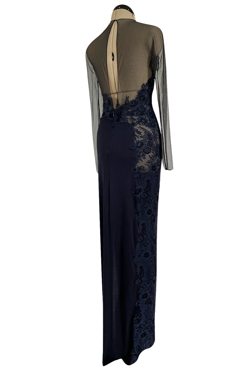 Incredible Early 2000s John Anthony Couture Blue Silk Jersey Dress w See Through Lace  Side & Bodice
