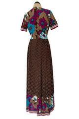 1972 - 1975 Lanvin by Jules-Francois Crahay Purple Brown & Blue Printed Floral Dress