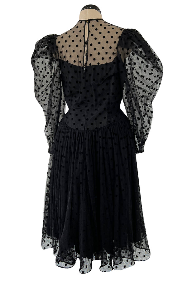 Early 1980s Pauline Trigere Velvet Dot on Net Dress w Exceptional Sleeves