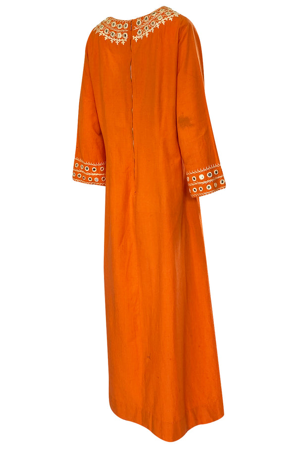 1960s Hand Applied Cord & Mirror Detailed Orange Cotton Caftan Dress