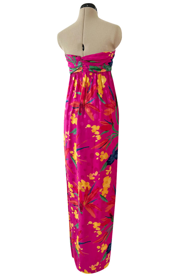 1980s Oscar de la Renta Vivid Pink Silk Wrap Strapless Dress w A Bright Floral Print