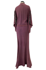 Unusual 1930s Avant Garde Mauve Moss Crepe Dress w Hand Beaded Sleeve Detailings