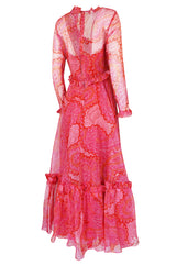 c.1976 Nina Ricci Silk Voile Pink Paisley Print Ruffle Trim Dress