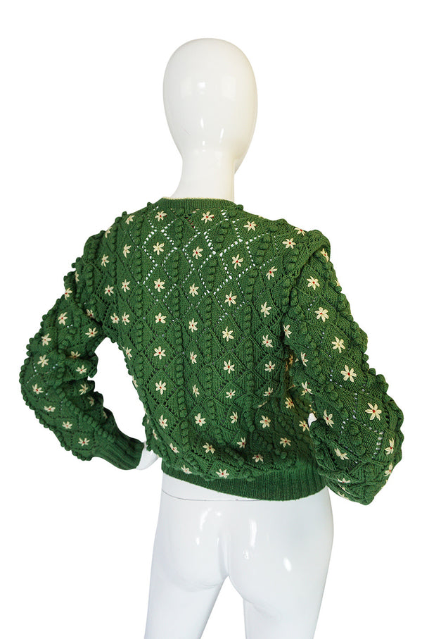 Rare 1930s Lanz Hand Knit Green Nubby Floral Sweater