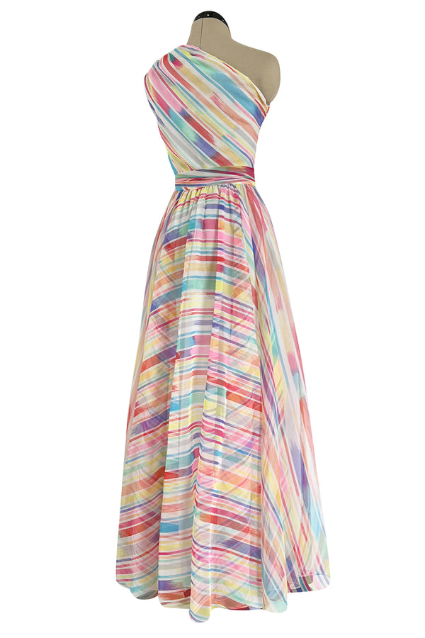Spectacular 1970s Oscar de la Renta One Shoulder Lightweight Chiffon Rainbow Stripe Dress
