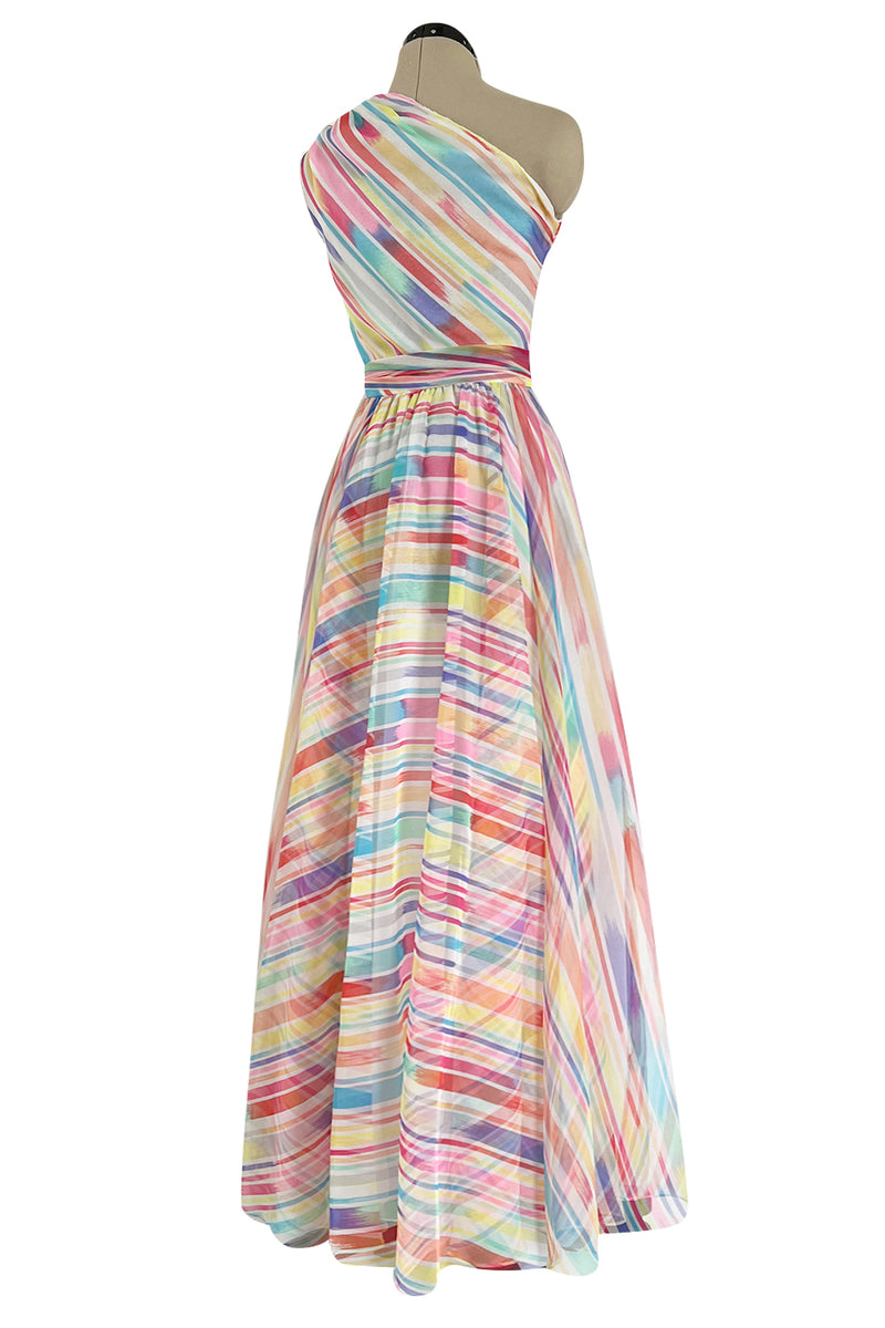Spectacular 1970s Oscar de la Renta One Shoulder Lightweight Chiffon Rainbow Stripe Dress