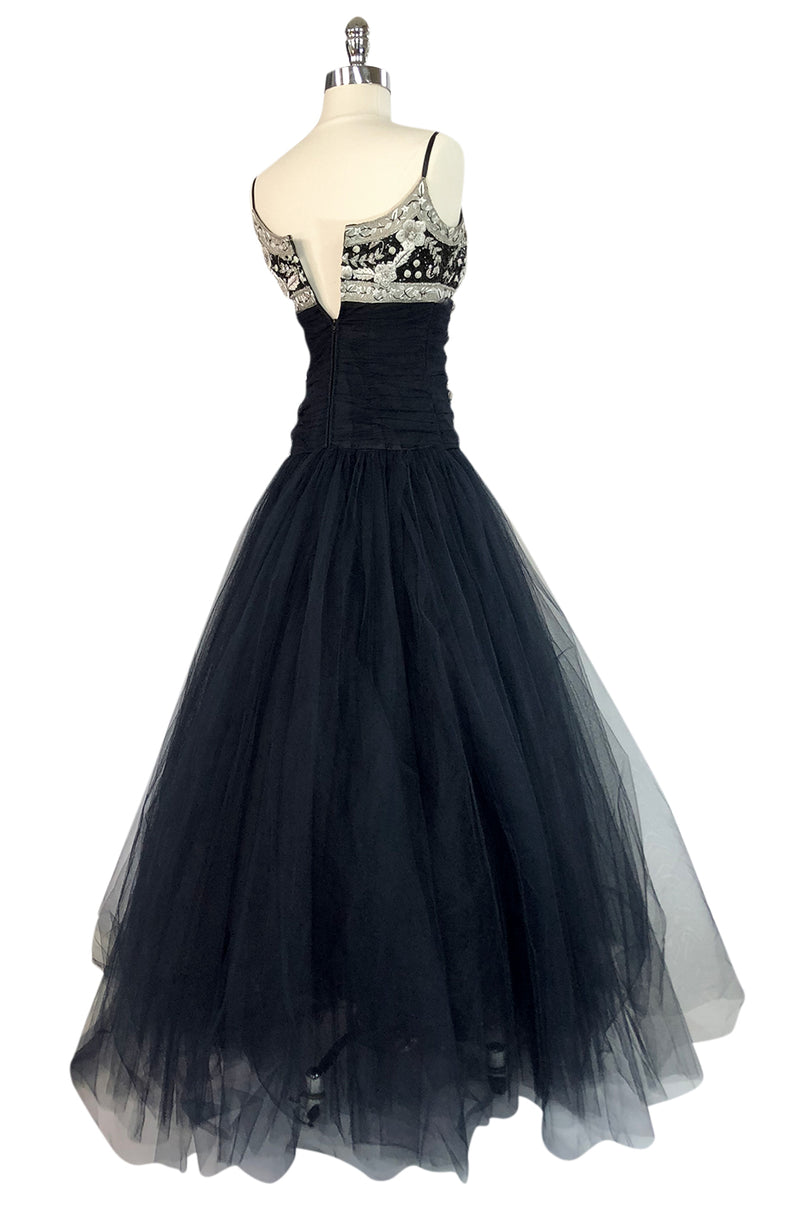 1980s Bellville Sassoon Appliqued Bodice & Princess Skirted Tulle Dress