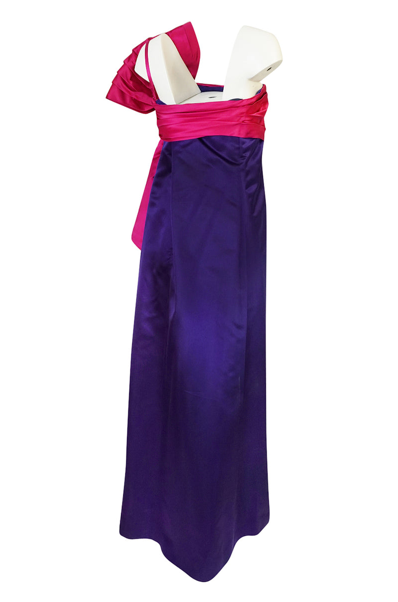 1970s Bill Blass Dramatic Pink & Purple Ruffled Bow Silk Dress