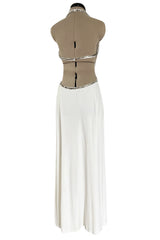 Stellar 1970s Luis Estevez Backless White Jersey Dress w Silver Studded Front