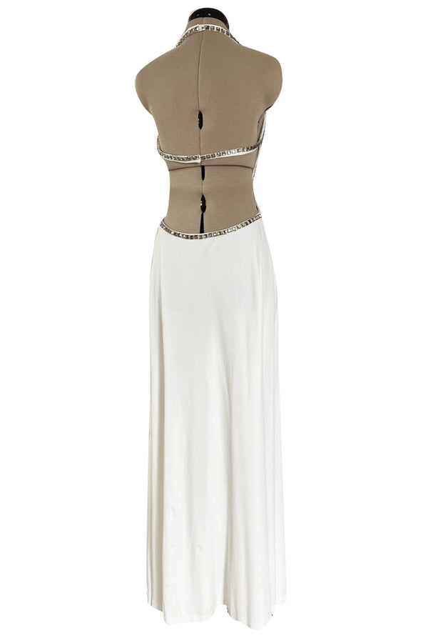Stellar 1970s Luis Estevez Backless White Jersey Dress w Silver Studded Front