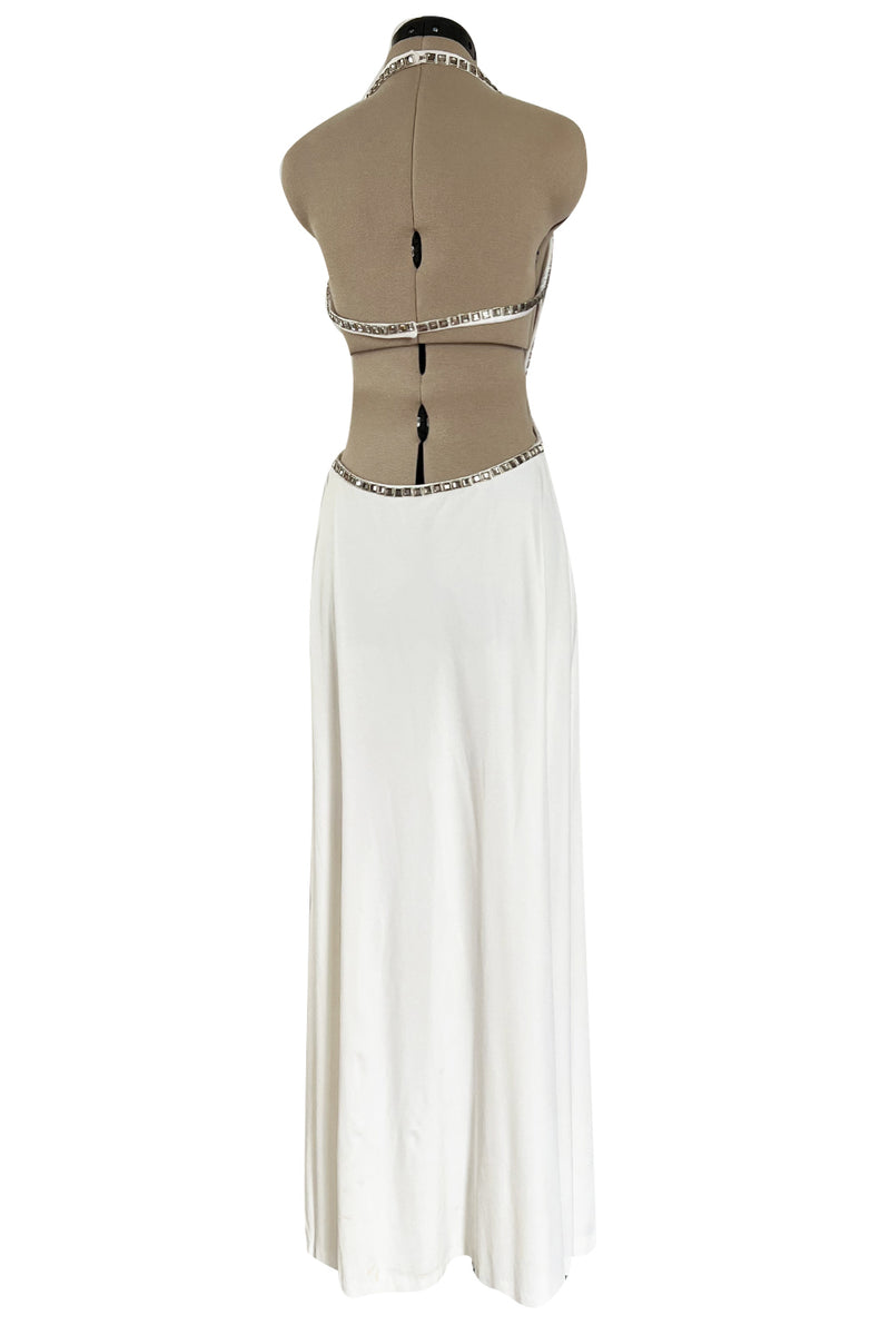 Stellar 1970s Luis Estevez Backless White Jersey Dress w Silver Studded Front