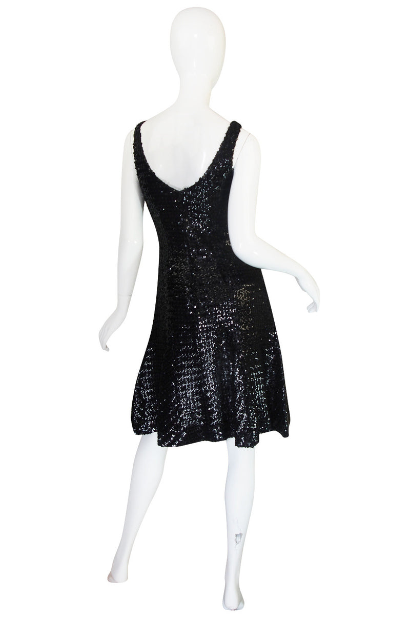 1970s Glossy Black Sequin Donald Brooks Dress