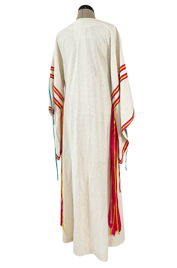 Joyful 1960s Josefa Mexico Rainbow Ribbon on Ivory Cotton Caftan Dress w Zip Front