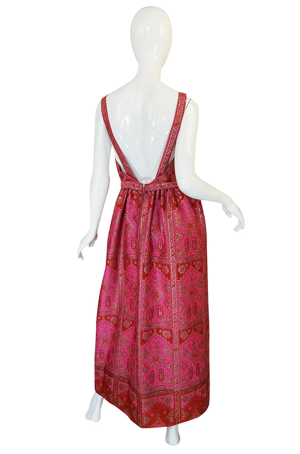 Unusual 1960s Backless Pink & Gold Metallic Brocade Dress