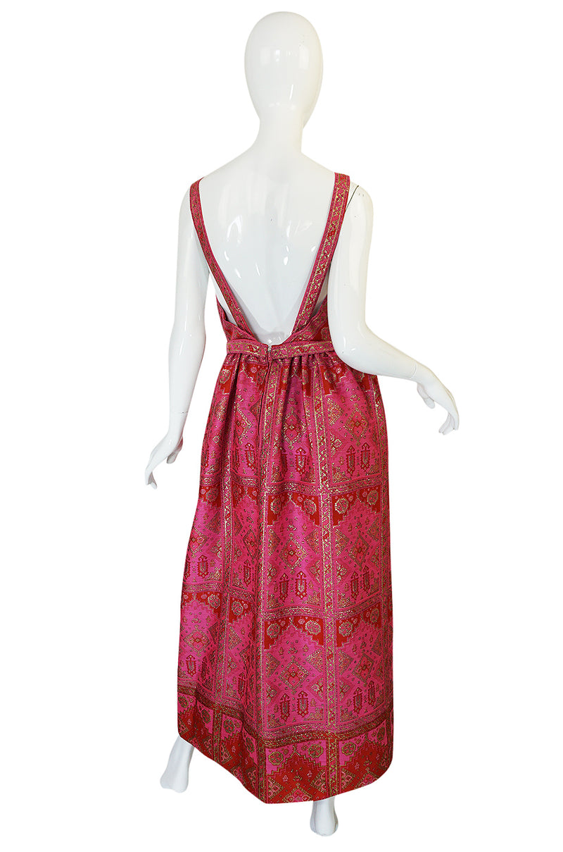 Unusual 1960s Backless Pink & Gold Metallic Brocade Dress