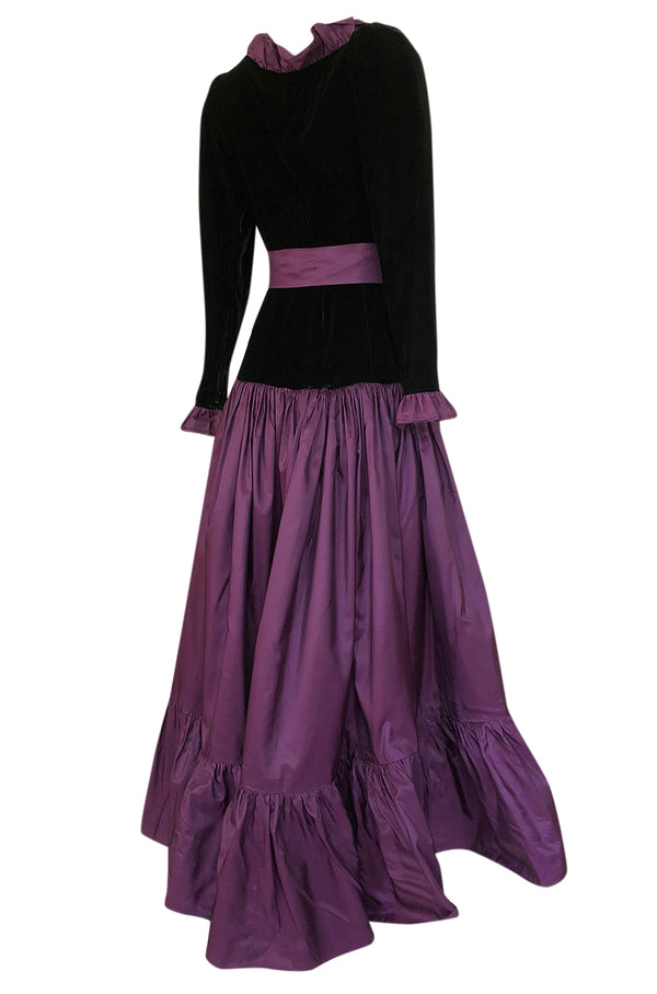 Documented 1980 Yves Saint Laurent Purple Silk Taffeta Ruffle Dress