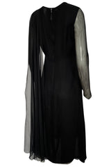 1970s George Stavropoulous Couture Black Silk Chiffon Caped Shoulder Dress