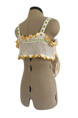 1960s Handmade Crocheted Crop Top w Longer Set Front & Flower Details
