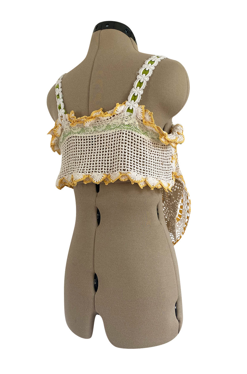 1960s Handmade Crocheted Crop Top w Longer Set Front & Flower Details