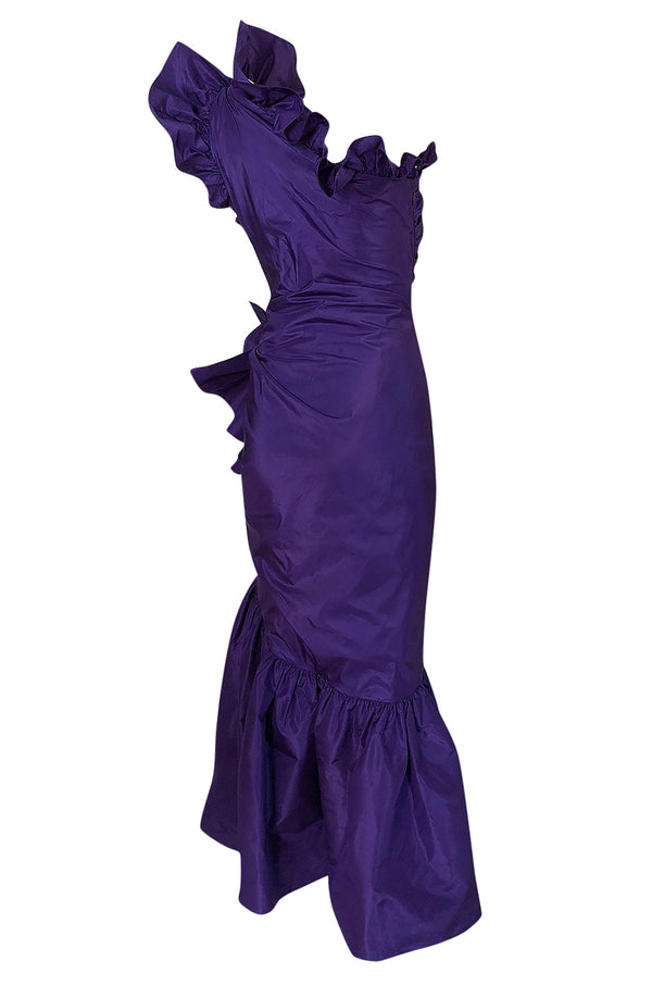 Spring 1982 Unlabeled Givenchy One Shoulder Purple Silk Dress