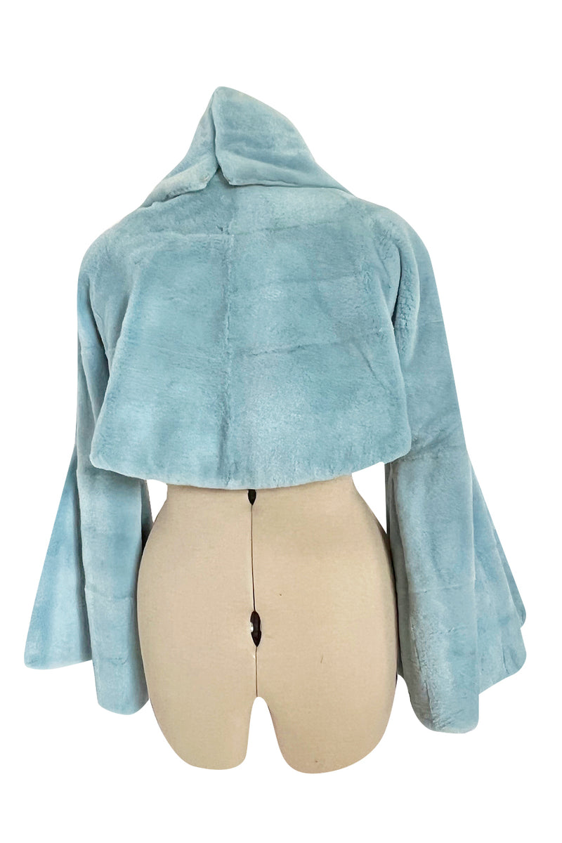 Rare Fall 1989 Claude Montana Runway Baby Blue Sheared Fur Jacket w Dramatic Wrap Front