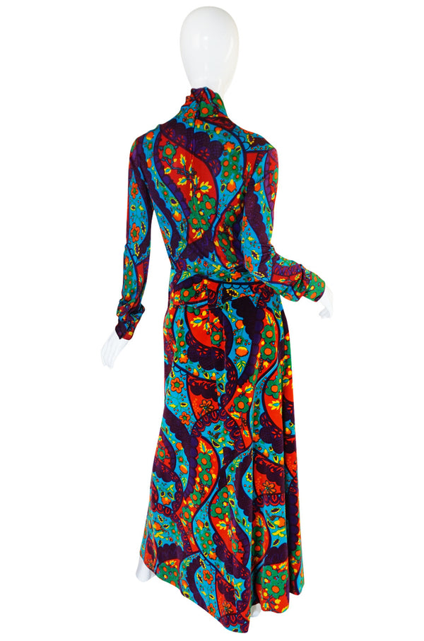 1970s Brilliant Print Velvet Skirt & Silk Turtleneck Set