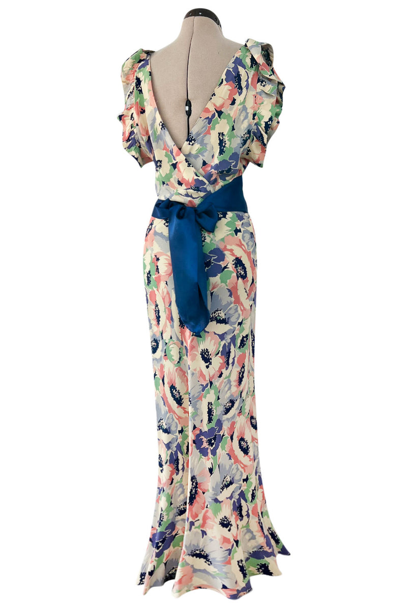 Romantic 1930s Floral Print Bias Cut Silk Dress w Ruffle & Blue Ribbon Detailing