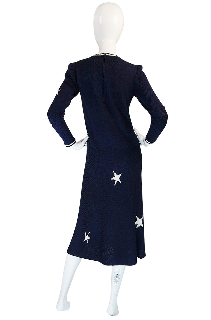1970s Deep Navy Blue & White Star Print Adolfo Knit Dress