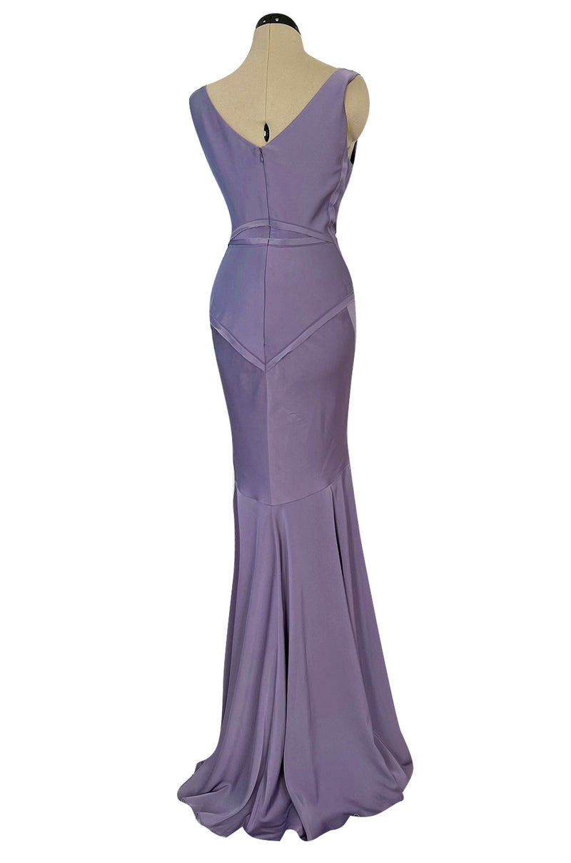 2014 Zac Posen Bias Cut Soft Purple Dress W Low V Back and Front & Exposed Edge Seaming