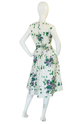 Beautiful 1950s Crisp Violet Print on a White Cotton Dress