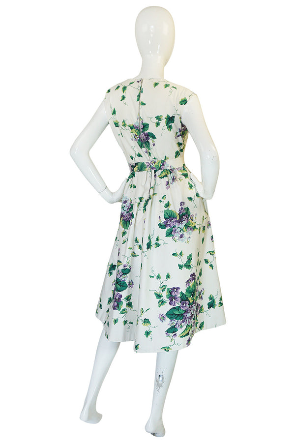 Beautiful 1950s Crisp Violet Print on a White Cotton Dress