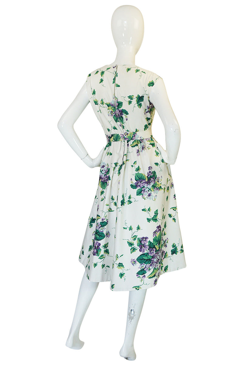 Beautiful 1950s Crisp Violet Print on a White Cotton Dress