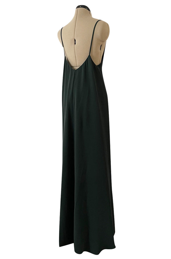 Minimalist Spring 2016 Valentino Runway Hunter Green Silk Dress w Plunging Front & Caped Back