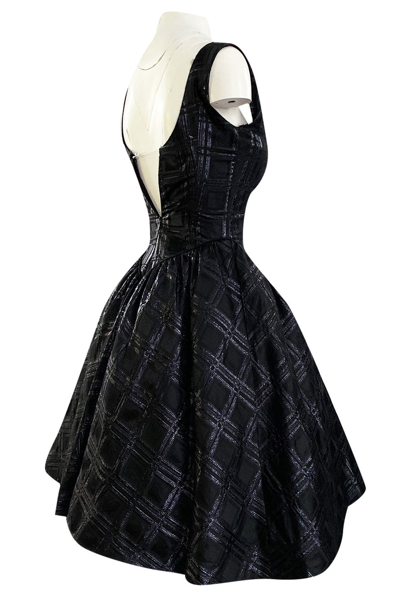 Early 1980s Nina Ricci Black Silk Metallic Lame Full Skirted Low Back Dress
