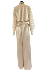 Important 1976 Halston Couture Ivory Ribbon Silk Chiffon Ivory Jumpsuit w Original Sash