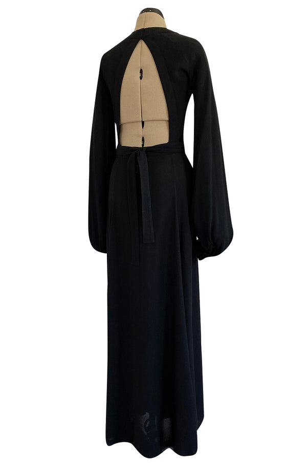 Iconic 1972 Ossie Clark Couture Black Moss Crepe Open Back Wrapped Dress w Bishop Sleeves
