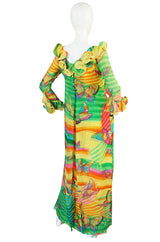 c1965-67 Hanae Mori Butterfly Print Ruffled Silk Dress & Shawl