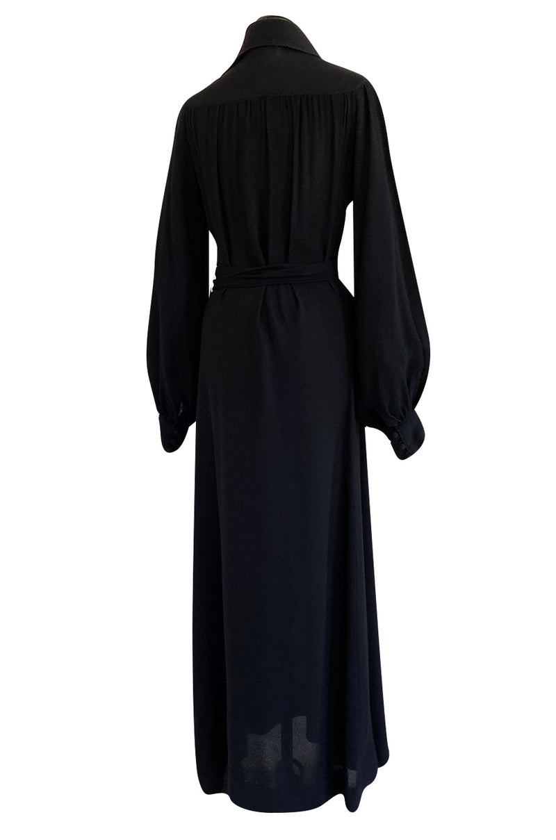 c.1969 Ossie Clark Black Moss Crepe Dress w Bishop Sleeves, Button Front & Dog Ear Collar
