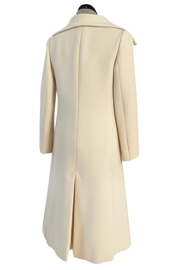 Fabulous 1960s Galanos Ivory Wool Tailored Coat w Front Pocket Detail & Arrow Stitched Seams