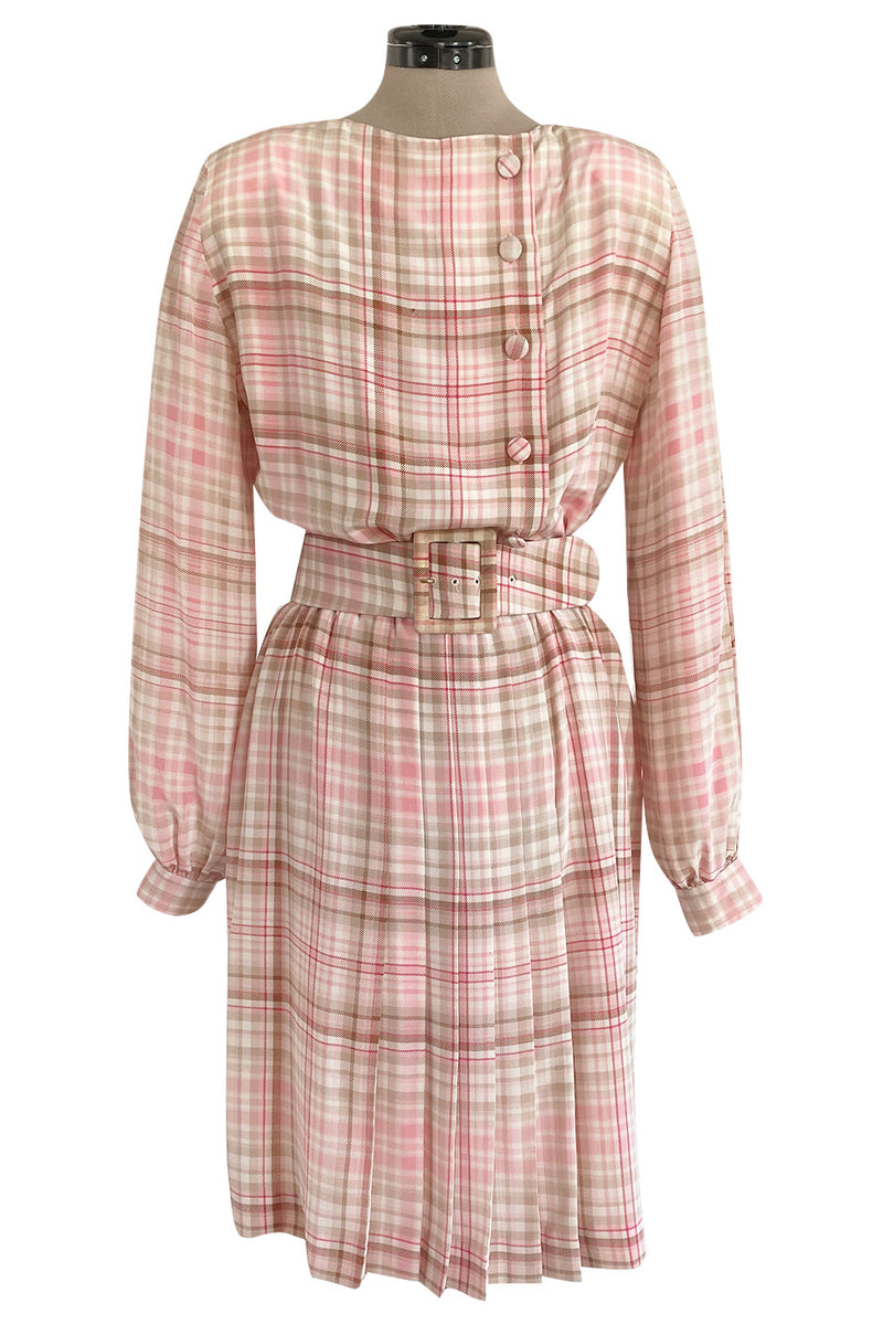 1980s Oscar De La Renta Pink Printed Belted Silk Dress & Boucle Coat w Silk Lining Set
