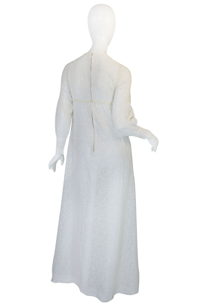 1970s Thea Porter White Embroidered Muslin Butterfly Applique Dress